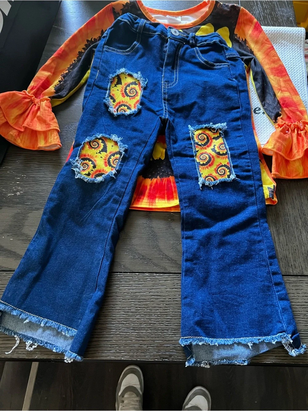 Girls' Distressed Dark Blue Flare Jeans with Sunflower Patch